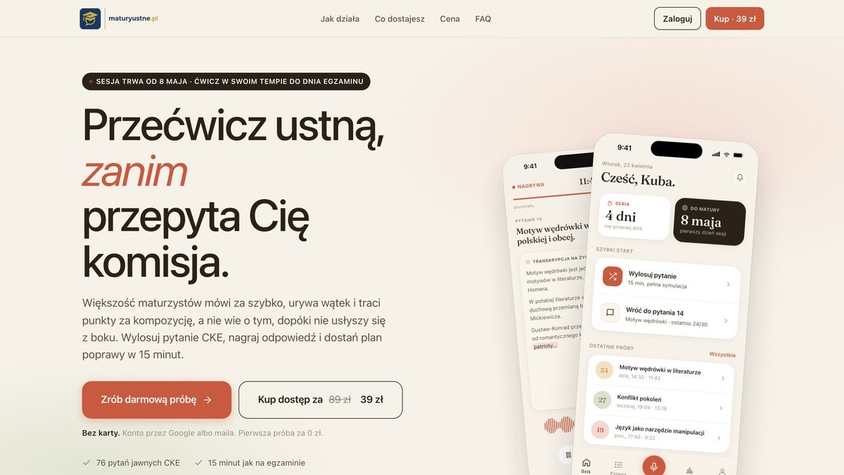 Zrzut strony maturyustne.pl: aplikacja do ćwiczenia matury ustnej