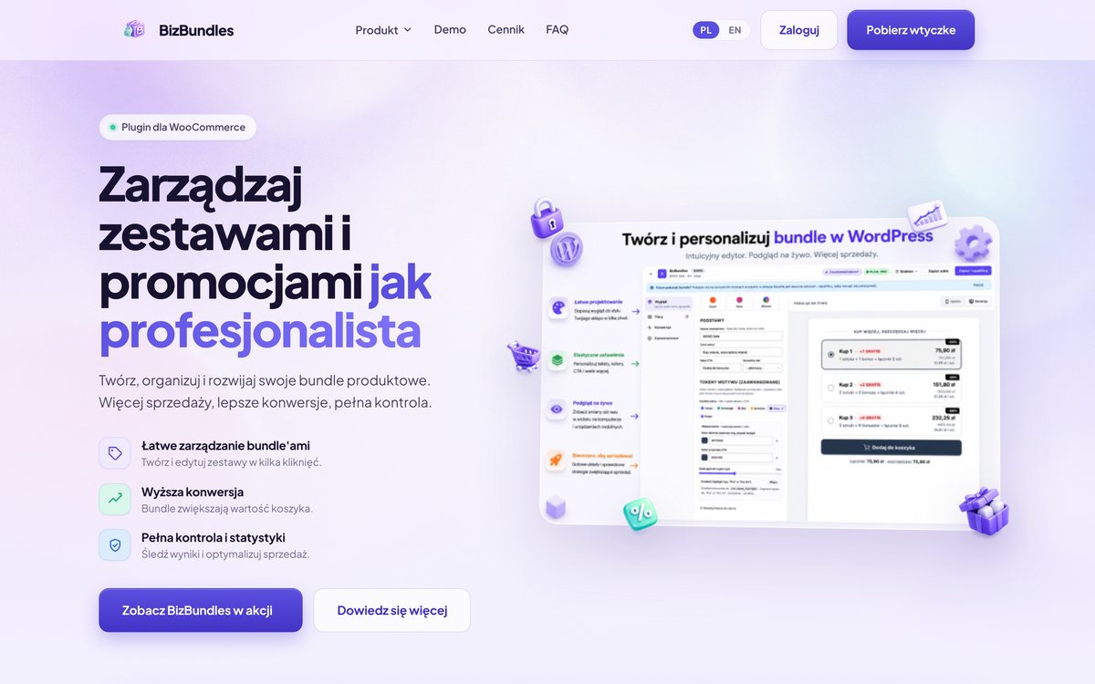 Strona BizBundles: wtyczka do WooCommerce z edytorem zestawów produktowych