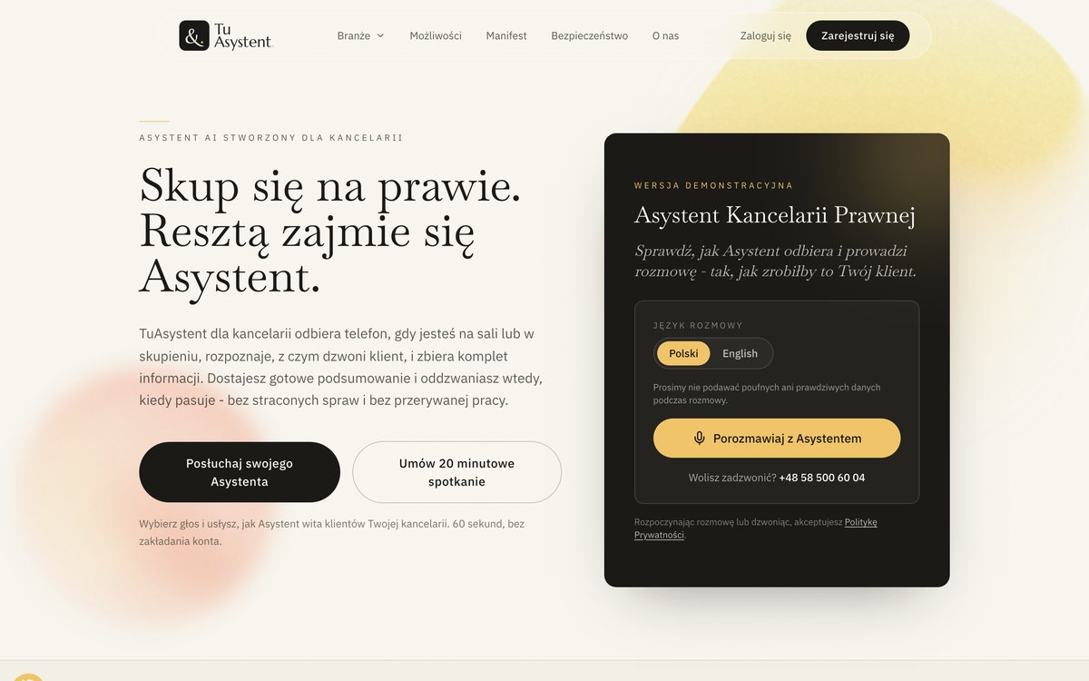 Strona TuAsystent: asystent AI odbierający telefony w kancelarii prawnej