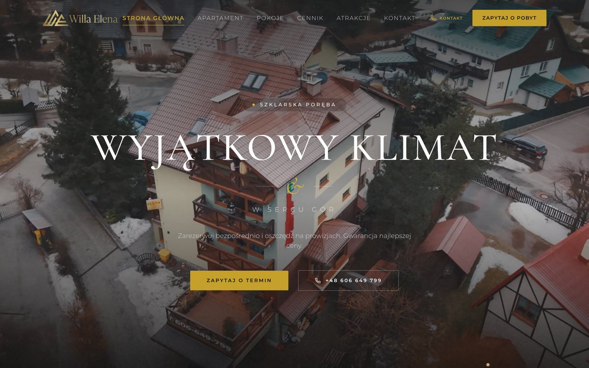 Strona Willa Elena: ujęcie pensjonatu z lotu ptaka, hasło Wyjątkowy klimat i przyciski rezerwacji